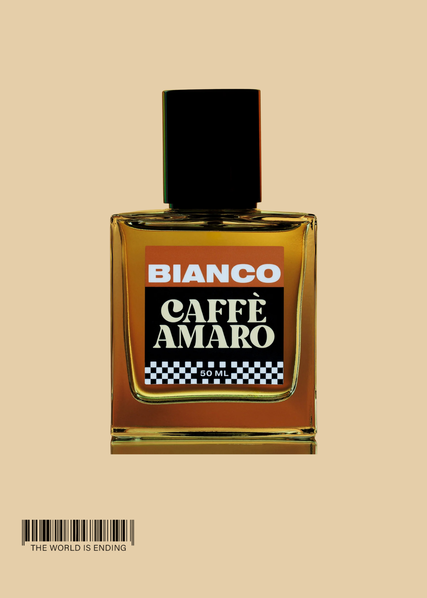 A perfume bottle labeled 'Caffè Amaro' with a black and orange design on a beige background.