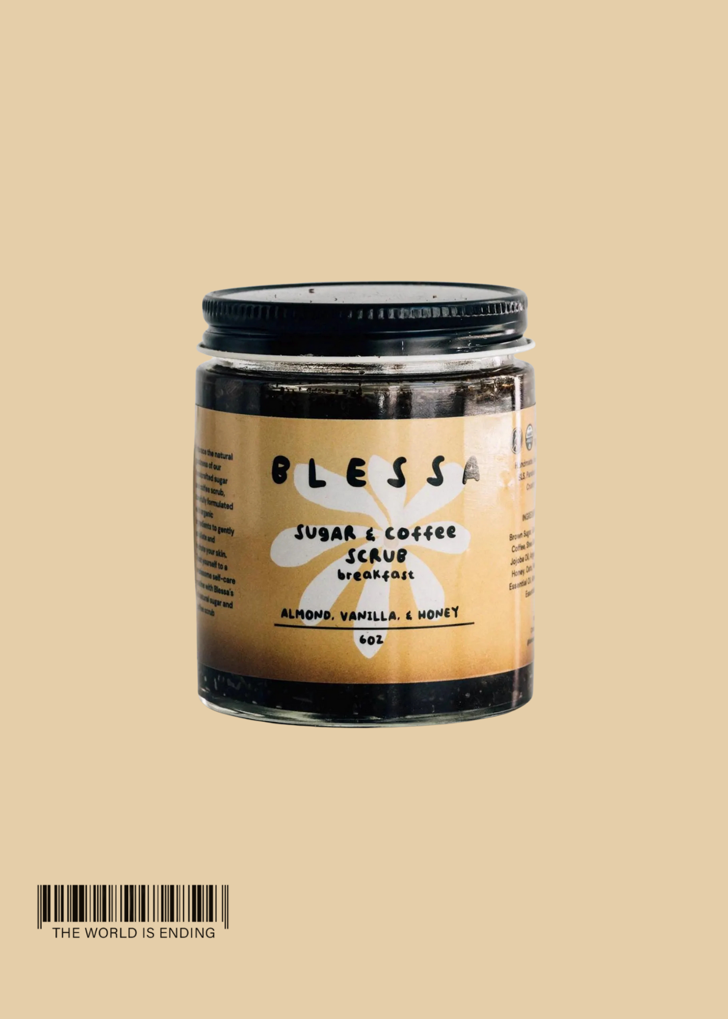 A jar of Blessa sugar and coffee scrub, displayed against a beige background.