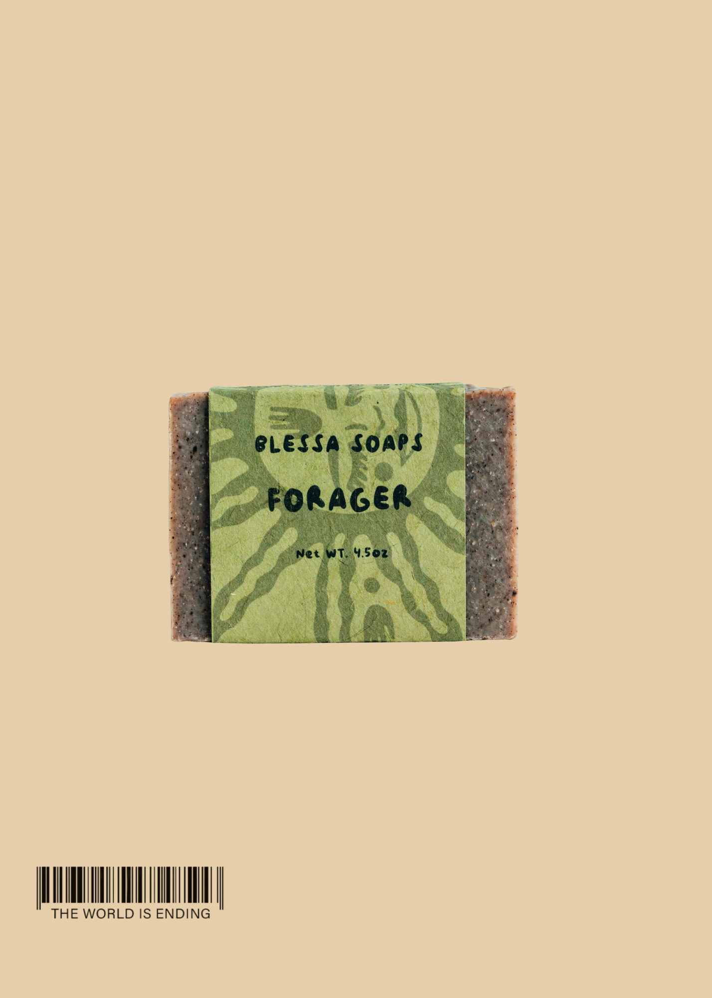 A bar of soap labeled 'Forager' by Blessa Soaps, featuring a green and brown design against a beige background.