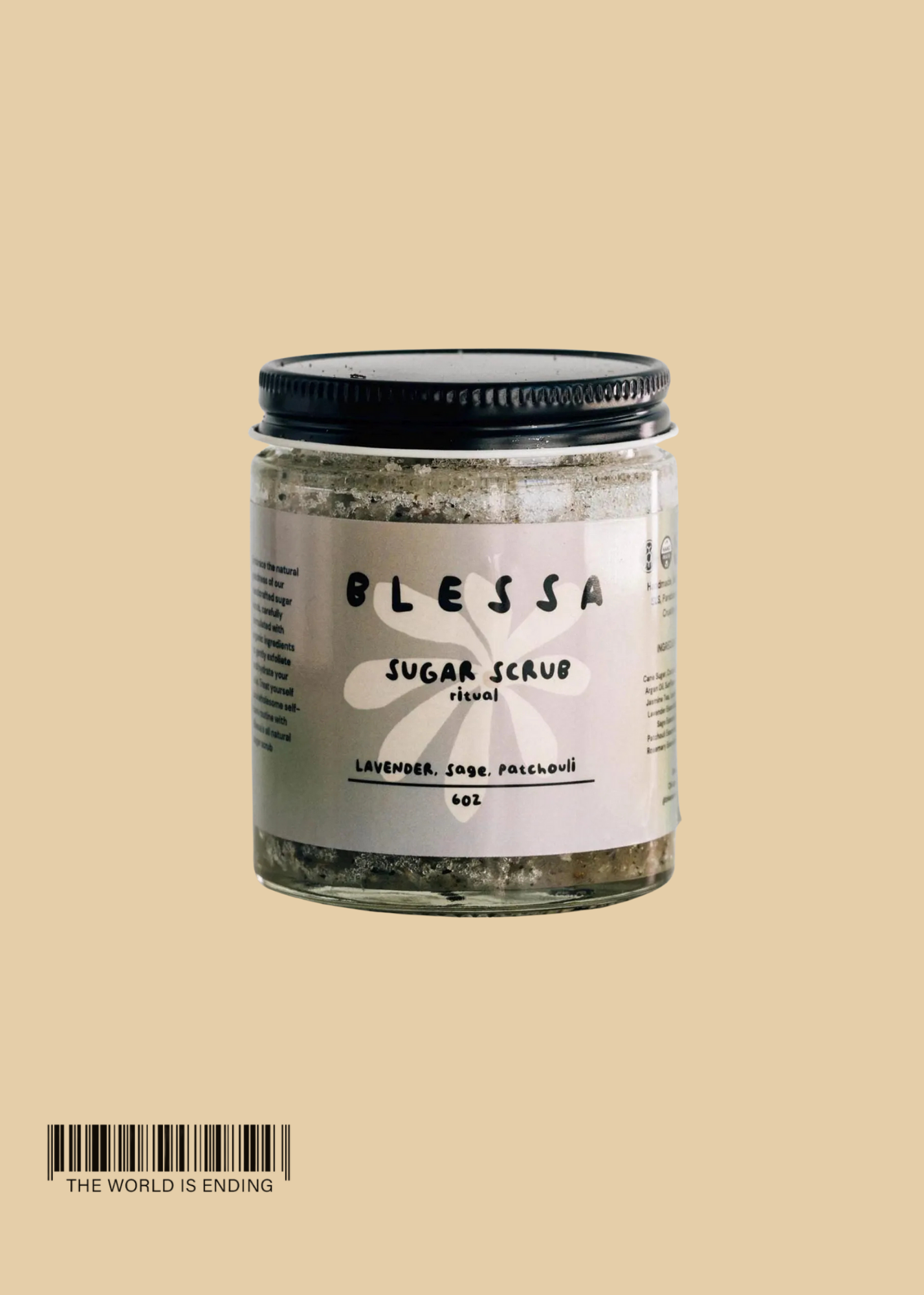 Jar of lavender sugar scrub with a minimalist label